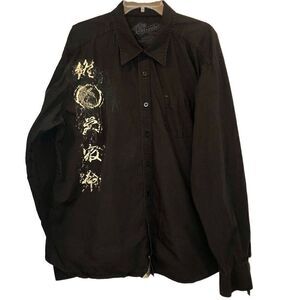 Stranded Button Down Shirt with Asian Style Graphics in Black/Cream/Grey Men’s X